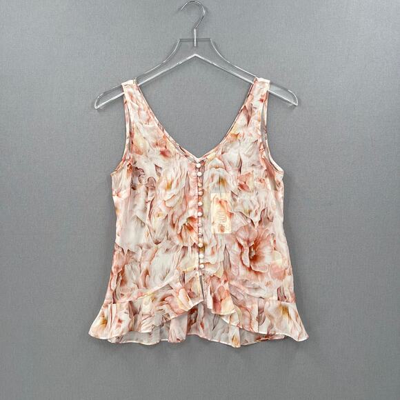 LADAIRE Silk Button Front Ruffle Tank Women XS Pink Floral V Neck Wide Strap New - Picture 1 of 11